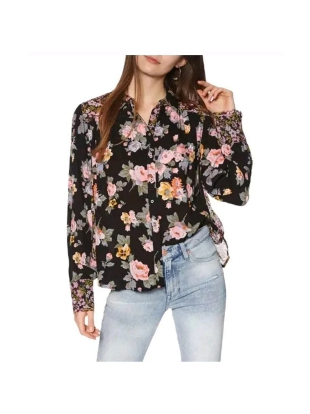 Free People Floral Button-Front Women's Blouse Black Pink & Yellow Flowers Small